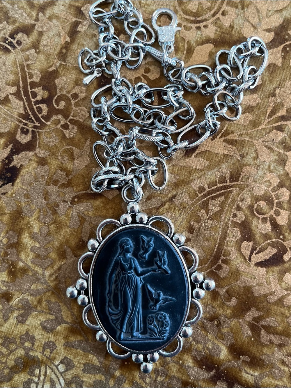 Vintage Black West German Goddess Mourning Glass Cameo Necklace Silver tone